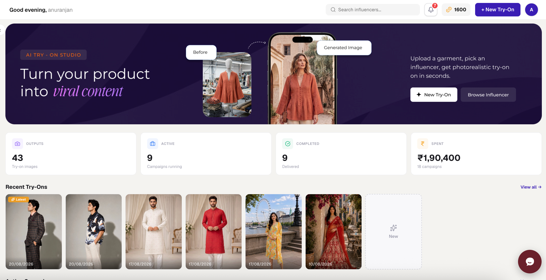 StyleUAI home dashboard with try-on stats: outputs, campaigns and sessions per store