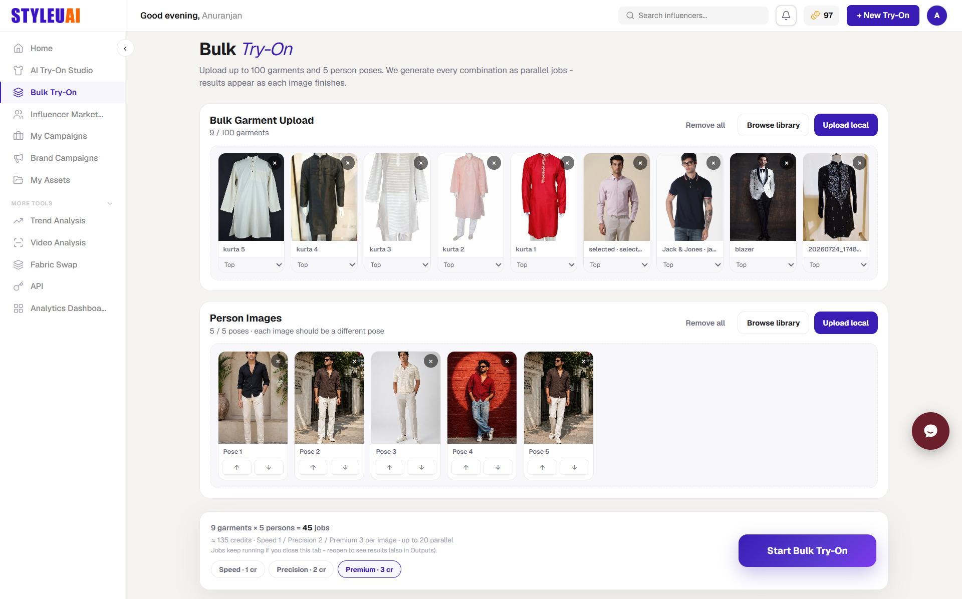 StyleUAI dashboard: bulk try-on across the whole catalogue