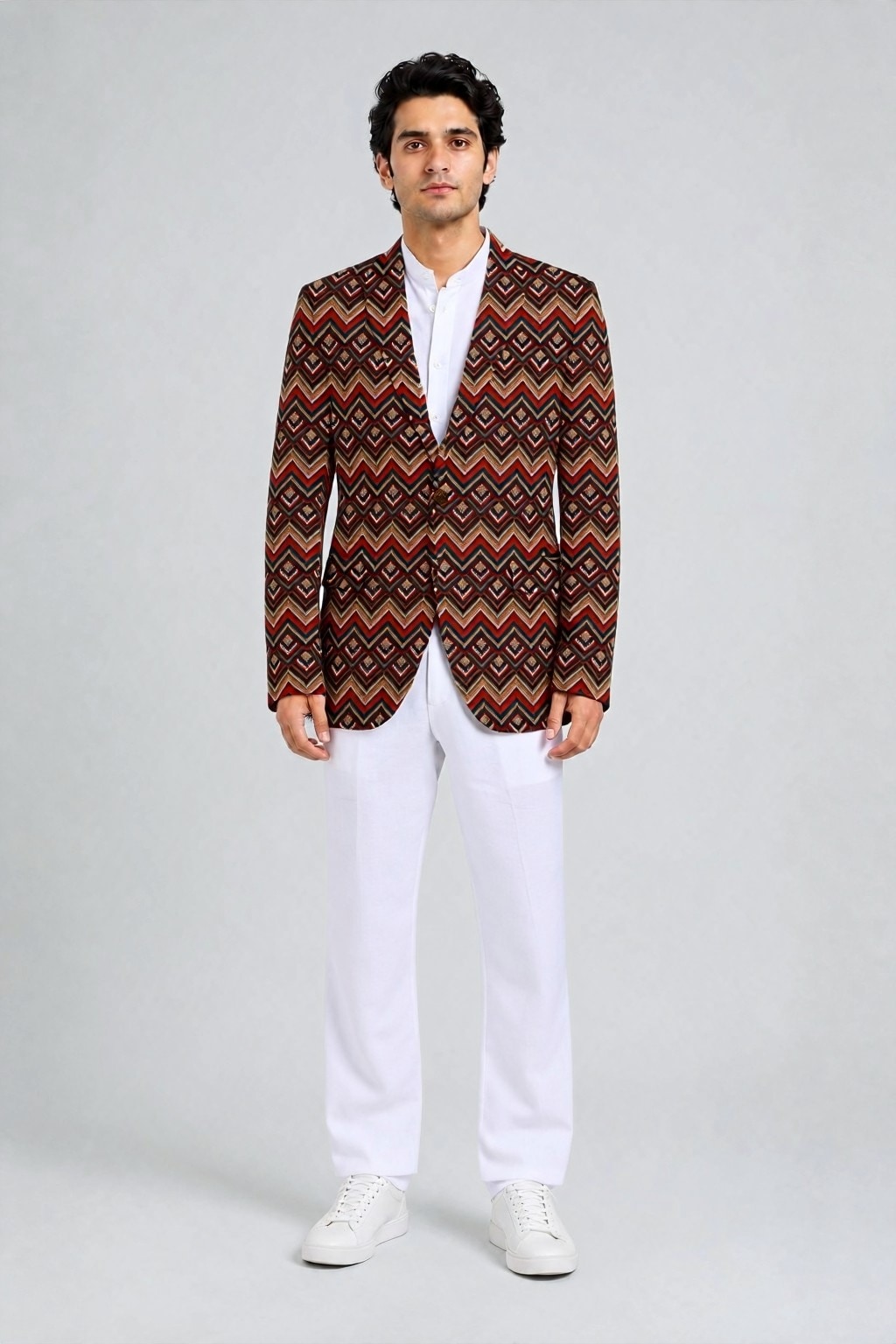 Fabric swap output: same blazer fit, new colourway
