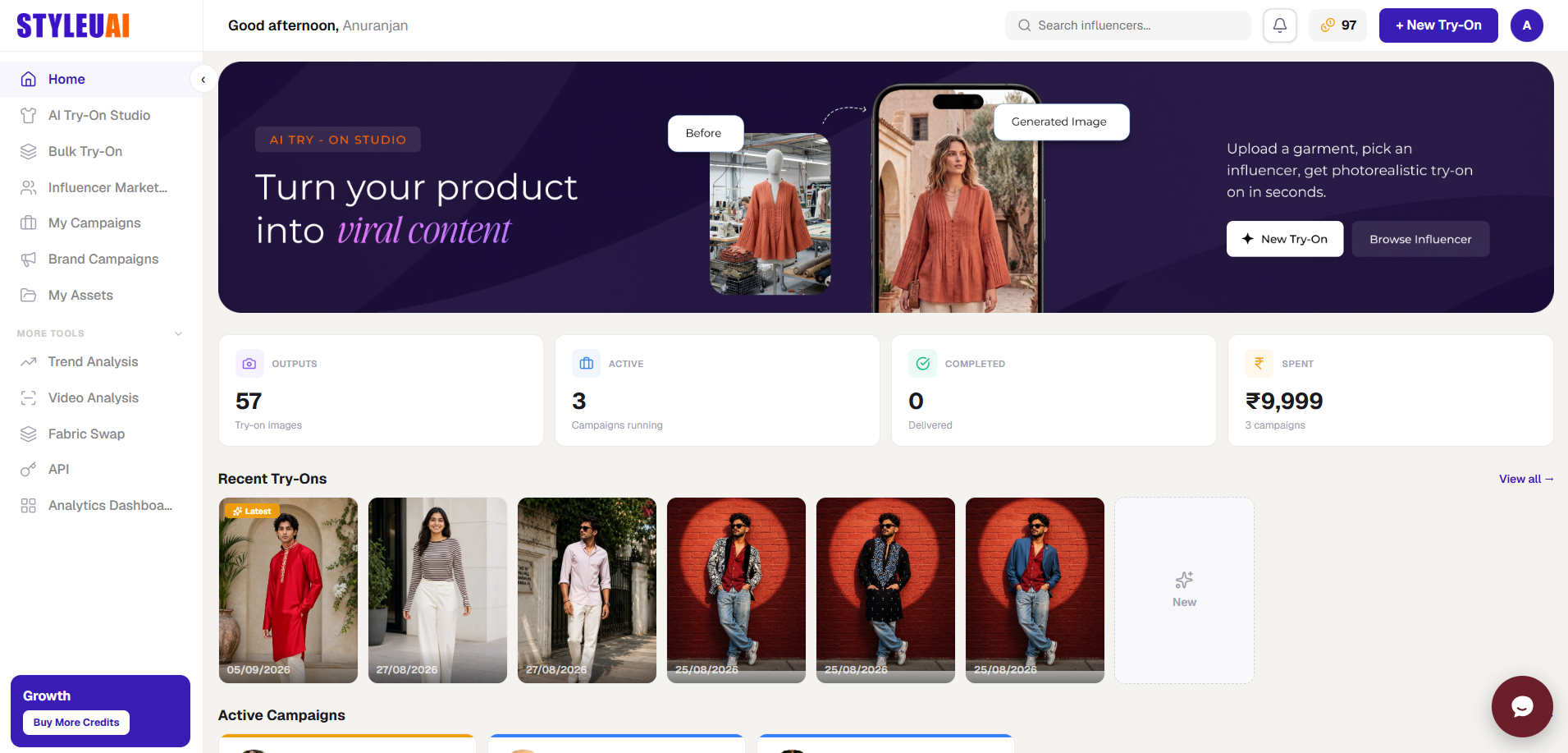 StyleUAI dashboard: live try-on outputs and campaigns in minutes