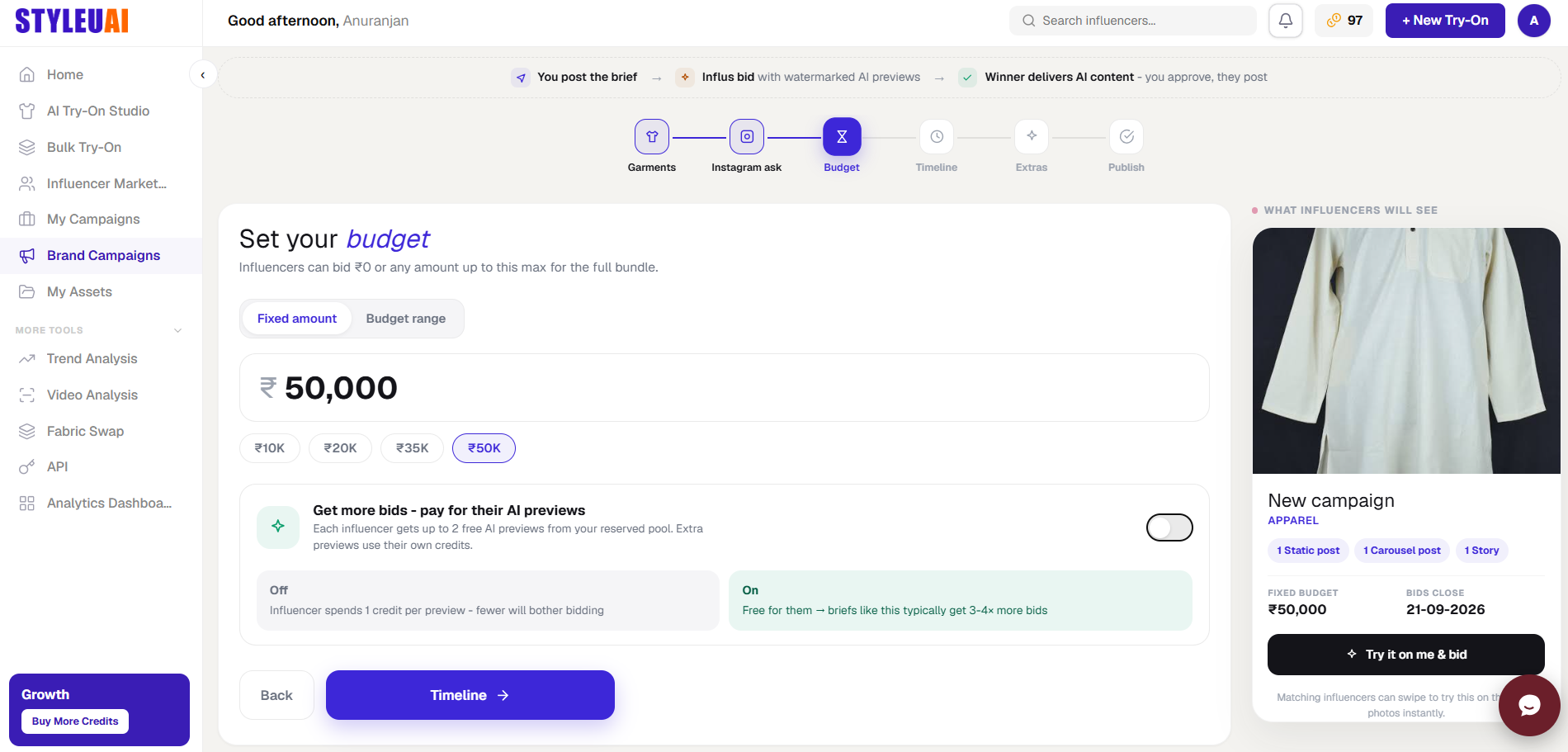 StyleUAI campaign: set a budget and let influencers bid