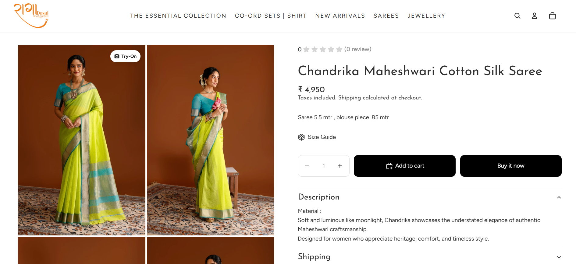 Raaga Desai saree product page with the StyleUAI Try-On button