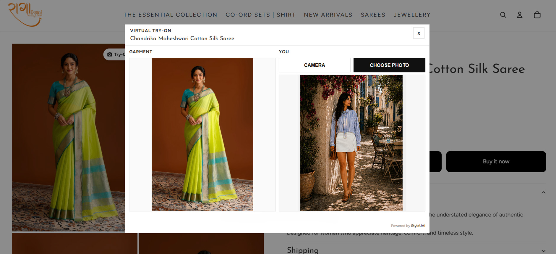 StyleUAI try-on widget: customer photo loaded next to the garment